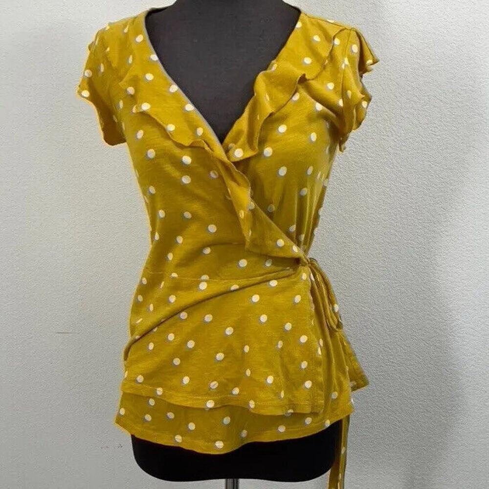 Boden Jodie Top Women US 4 Yellow Polka Dot Wrap Blouse Tie Waist V Neck Ruffle